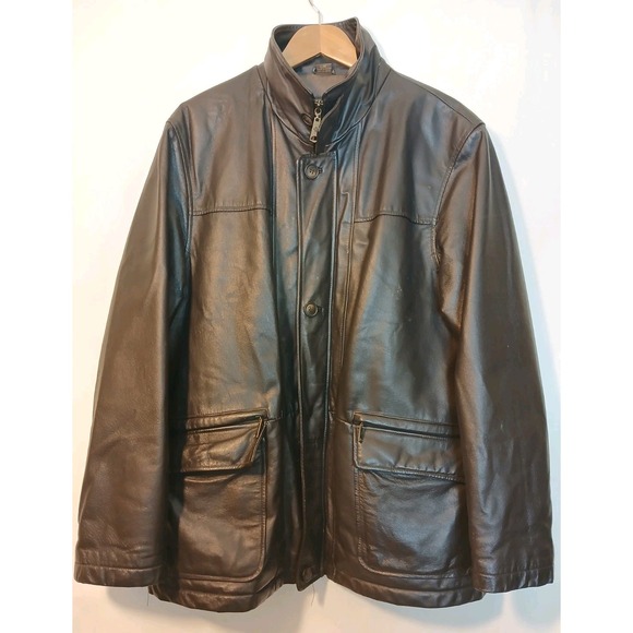 Columbia Mens Dark Brown Leather Zip & Button Front Coat SZ Large